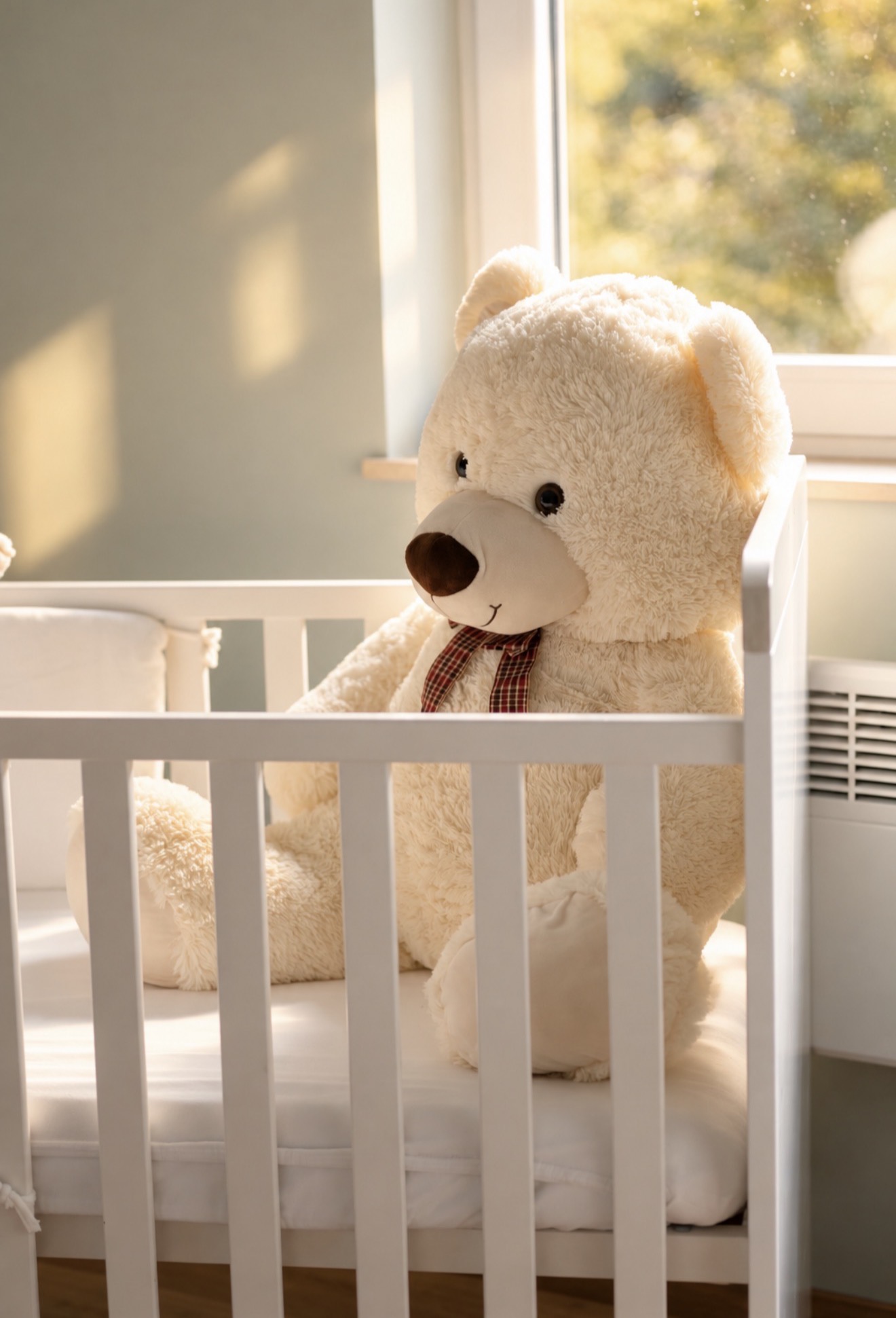Ourson dans un lit de bébé baigné de lumière